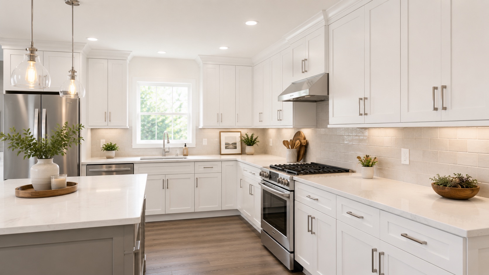 Freshly painted white kitchen cabinets with new hardware, cabinet painting in Tracy CA