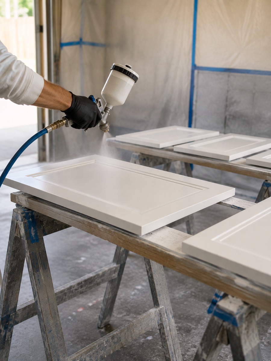 Cabinet doors being sprayed during cabinet painting in Tracy CA