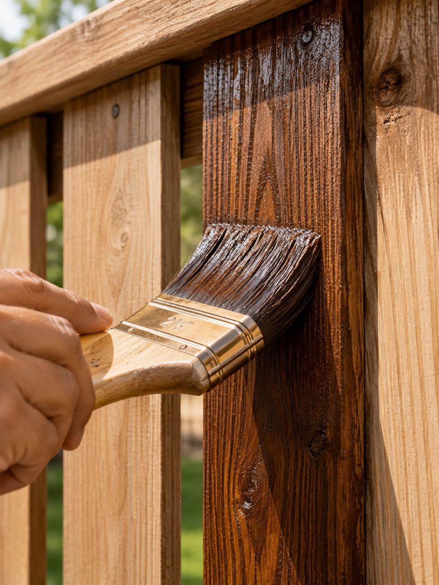 Stain brush on fence board during fence staining in Tracy CA