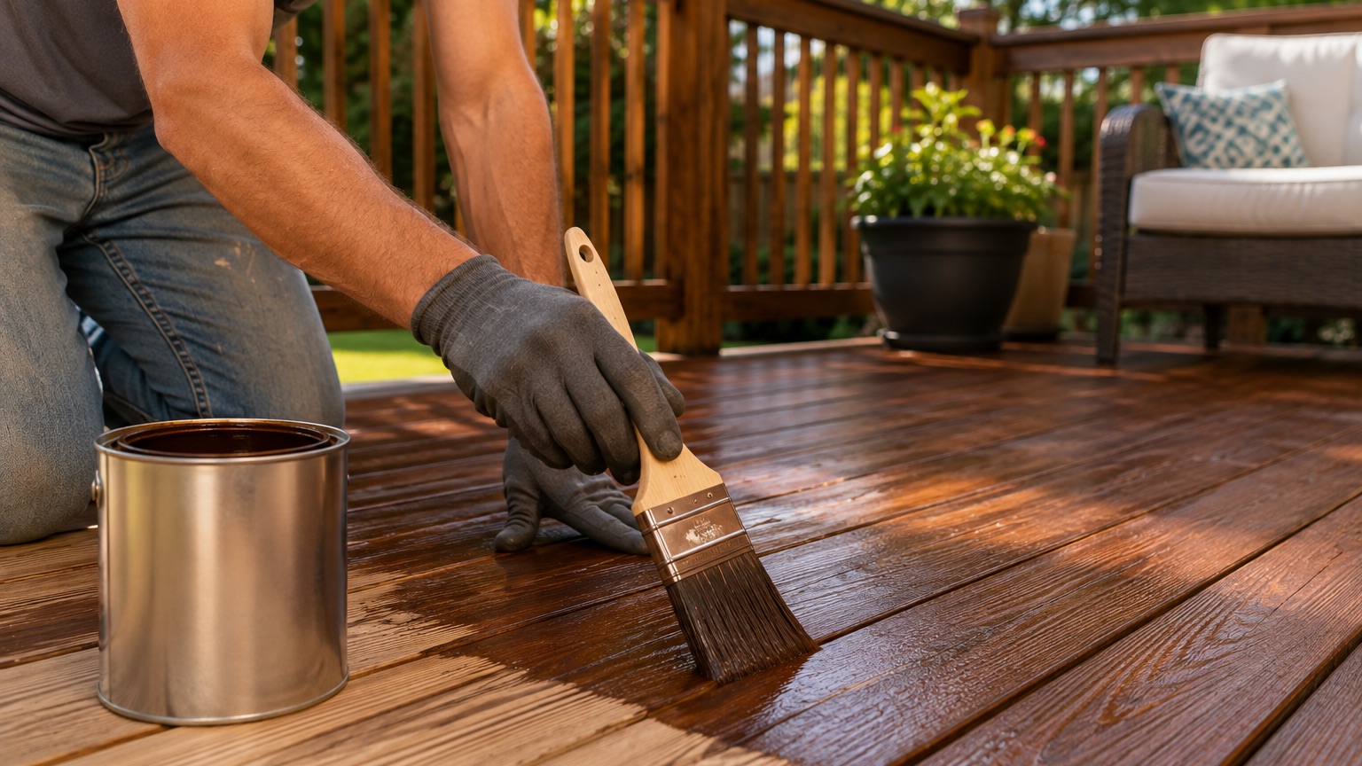 Wood deck mid stain during deck staining in Tracy CA