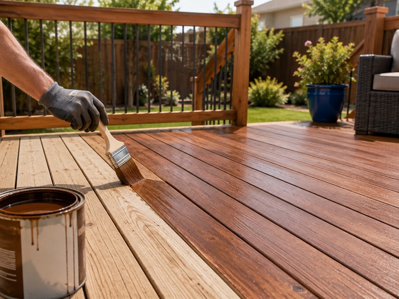 Wood deck staining in progress in Tracy CA