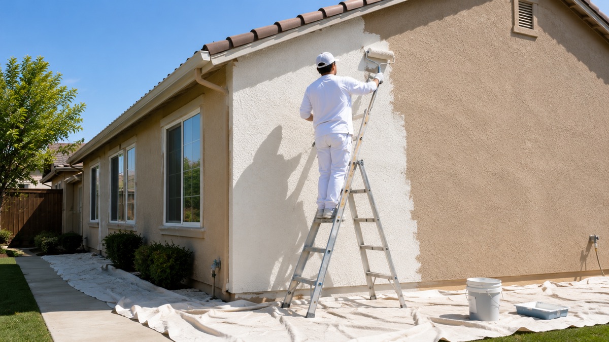 House painter rolling exterior stucco wall in Tracy CA
