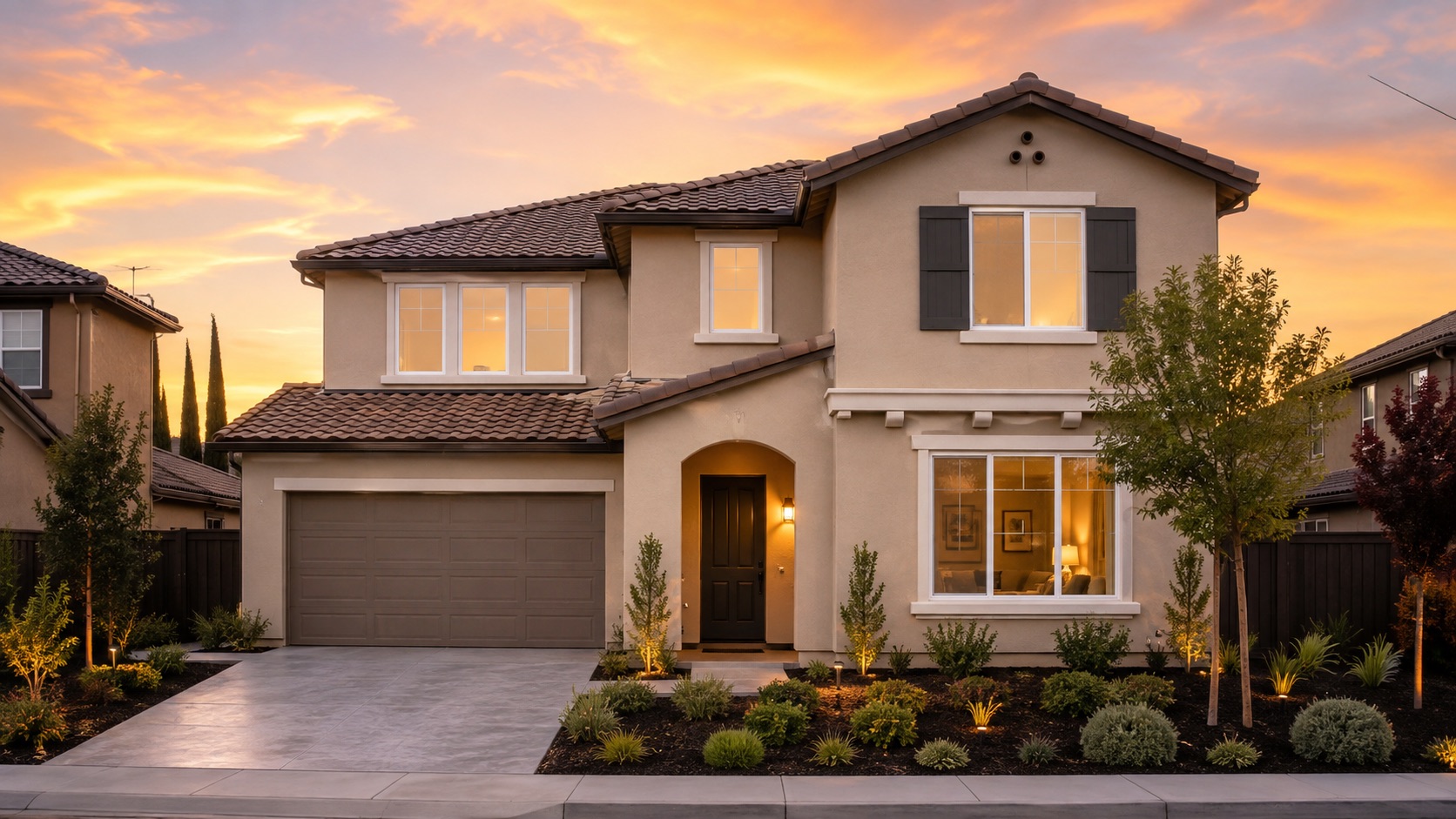 House painters in Tracy CA painted this stucco home exterior, shown at dusk