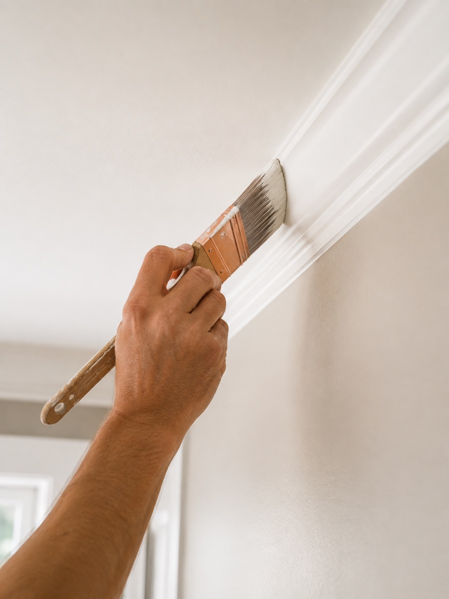 Painter cutting in trim line during interior painting in Tracy CA