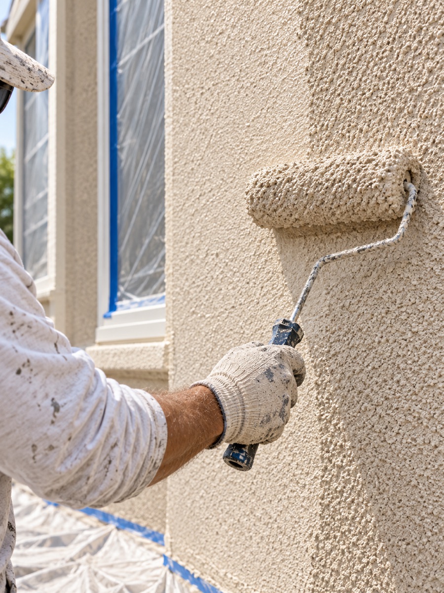 Painter applying stucco coating during stucco painting in Tracy CA