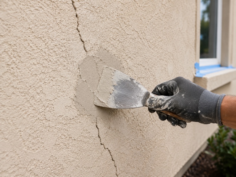 Stucco crack repair close-up in Tracy CA